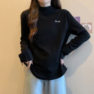 plus Size Long Sleeve Embroidered Letter T-Shirt High Collar Base Shirt Autumn Winter Hide Belly Slimming Top for Women