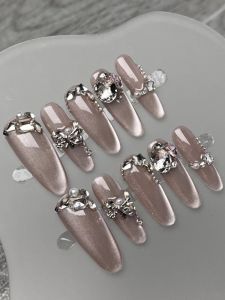 Handmade Long Oval Wearable Fake Nails Luxury Pink Diamond Full Cover Rich Girl Nail Art False Nails Gentle Color Series China