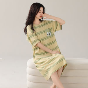 miiow | Adjustable Pure Cotton Short Sleeve Sleepwear Womens Home Clothes Cat Person Summer Nightgown With Chest Pad Outdoor Wear