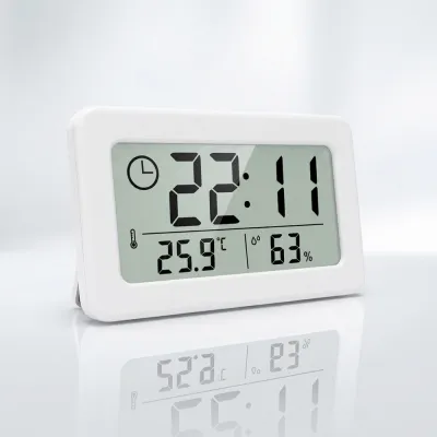 Digital Clock Temperature Humidity Meter Battery Powered Desktop Wall Mount for Kitchen Bathroom Office Living Room Bedroom