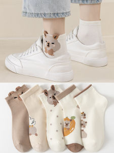 Pure Cotton Short Socks for Women Spring Autumn Cartoon Print Student Korean Style Popular Internet Famous Breathable Sweat Absorbent
