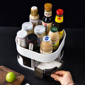 Double Layer Rotating Kitchen Spice Rack Storage Box Home Use Soy Sauce Bottle Organizer Plastic Material Counter Top Multi Function