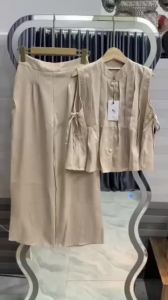 L_ Set babydoll set công sở set Linen áo nút bọc cộc tay thắt nơ 2 bên hông mix quần dài lưng thun