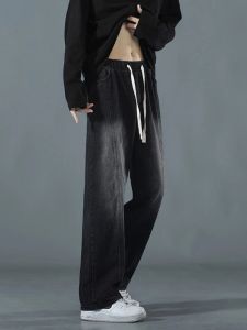 กางเกงยีนส์ทรงหลวมสไตล์อเมริกันสำหรับผู้ชาย กางเกงขายาวทรงตรงสีดำ ทรงหลวม สไตล์ไฮสตรีท เอวยางยืด กางเกงขายาวทรงตรงสำหรับฤดูใบไม้ร่วง/ฤดูหนาว