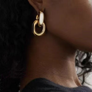 Fashionable Double Chain Geometric Earrings Yellow Gold Plated Two-Way Wear Palladium Color Alloy Ear Jewelry for Women
