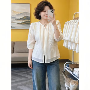 Shalldoer | Chinese Style Embroidered Chiffon 3/4 Sleeve Shirt Plus Size