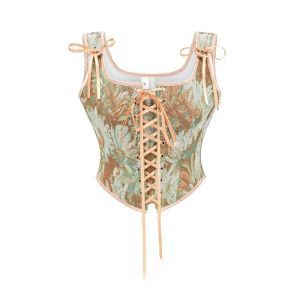 Retro Women Sweetheart Corset Crop Top Bustier with Should Strap Shapewear Gothic Vintage Jacquard Lace-up Overbust Corselet