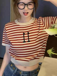 Retro Striped Short Sleeve T-Shirt Women Summer round Neck Ice Silk Knitted Slim Fit Short Length Top Korean Style Casual Wear