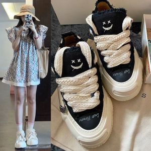 Hidden Canvas Shoes Casual Thick Bottom Mens Style Cotton Candy Slip-On Couples Flat Rubber Sole round Toe Fashionable