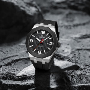 NAVIFORCE นาฬิกาควอทซ์แฟชั่นของผู้ชายแท้ลายเหลี่ยมหน้าปัดเรืองแสงปฏิทินสายซิลิโคนกันน้ำ30เมตรนาฬิกาผู้ชายแบบลำลอง NF8079