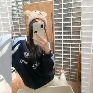 Zeng Xiao Salt American Retro Patchwork Color Block round Neck Womens Spring New Slim Fit Hoodie Comfortable Long Sleeve Crew Neck Sweatshirt