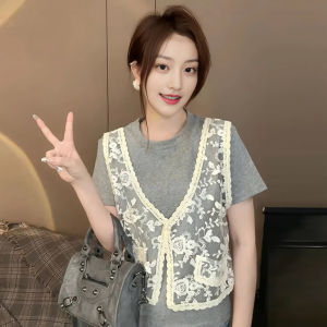 BINKAFENNY | เสื้อยืดแขนสั้นผ้าลูกไม้สีเทา ทรงเข้ารูป ทรงเข้ารูป แขนสั้น ทรงเข้ารูป สำหรับผู้หญิง ฤดูร้อน 2025 ใหม่ สไตล์เกาหลี เสื้อตัวบน