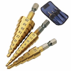 3pc HSS Step Drill Bit Set Cone Hole Cutter Taper Metric 4 - 12 / 20 / 32mm 1 / 4 Titanium Coated Metal Hex Core Drill Bits