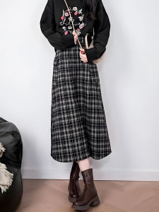 Retro High Waist Tweed Plaid Mini Skirt Autumn Winter New Style Slimming Midi Length A-Line Skirt for plus Size Women