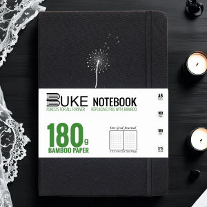 BUJO A5 Dotted Journal – Hardcover Dot Notebook Silver Edges 180gsm Bamboo Paper 160 Pages 3 Ribbons Pocket