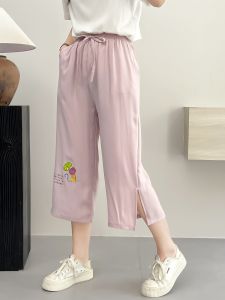 High-Waist Sainag Womens Casual Trousers with Embroidery Asymmetric Design Ankle-Length Polyester Fiber Side Slit Straight Leg Pants