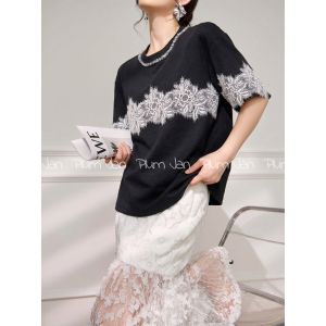 PlumJan | Áo Thun cổ Tròn Thiết Kế Ren Đẹp Độc Đáo