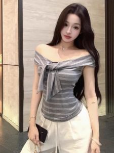 GUZILIAN | Summer Korean Style Slim Fit Striped One Shoulder T-Shirt Womens Versatile Neckline Baring Top Design Sensation Twist Knot