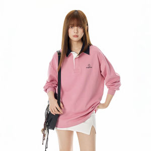 TurnSignal Trendy Long Sleeve Womens POLO Shirt Casual Sport Loose Color Block Collar Top Cotton Polyester Spandex Blend