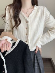 Sweet Style Womens Long Sleeve V-Neck Tassel Detail Shirt Loose Fit Short Coat Cardigan Versatile plus Size Autumn Outerwear