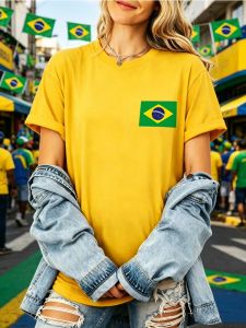 Sanrio | Brazil Flag Printed T-Shirt WomenS Cotton Oversized T Shirts All-Match Summer Clothing Comfortable Y2K Couple Streetwear Tops