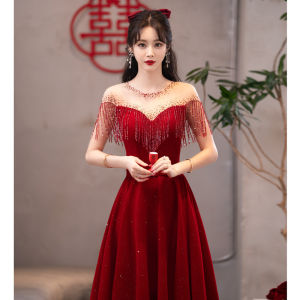 MQZ439 Round Neck Deep V Tassel Wine Red Dress Party Banquet High Texture Engagement Banquet Chinese Evening Dress