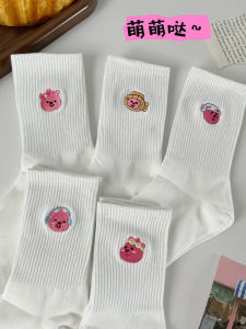 Cute Pure Cotton Mid-Calf Socks Womens Summer Student Sports German Training Shoes Matching White Long Socks Cartoon Design