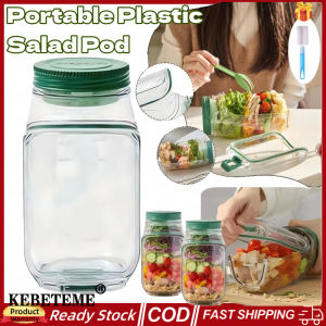 KEBETEME Leakproof Plastic Salad Pod Jar 1000ml Vertical Layering Salad Container with Side-opening Cover Portable Breakfast Fruit Keep Fresh Storage Box for Picnic Home Office Travel
