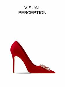 Red Chinese Style Wedding Shoes for Women 2024 New High Heels Comfortable Diamond Buckle Fashionable Elegant Sheepskin Interior