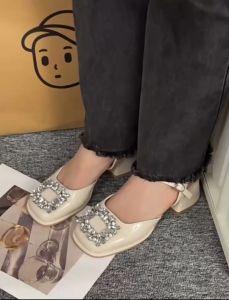 One for All พร้อมส่งจากไทย TX441 รองเท้าส้นสูง 5cm สูง ส้นกลาง ประดับพลอยเทียม รัดส้น ทรงสี่เหลี่ยม สำหรับผู้หญิง