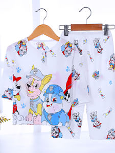 Summer Childrens Sleepwear Cotton Silk Thin Home Clothes Set Cartoon Long Sleeve round Neck Home Comfortable Breathable Cool
