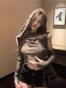 Desert Wasteland Style Short Crop Top Womens T-Shirt Spring Summer Autumn Y2K Sweet Spicy Hole Punch Long Sleeve Hoodie
