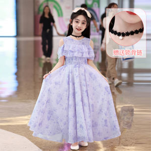 Girls Summer Long Skirt Princess Style Childrens Dress Soft Polyester Fabric Beach Dress Big Size Girls Dress Floral Print Dress