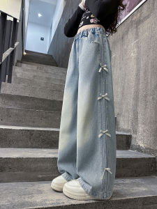 กางเกงยีนส์ทรงหลวมเอวสูงสำหรับเด็กผู้หญิง ฤดูใบไม้ผลิและฤดูใบไม้ร่วง กางเกงขายาวทรงหลวม หนา อบอุ่น สำหรับเด็กผู้หญิง