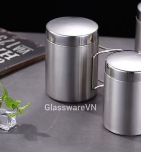 Cốc Uống Cà Phê Camping Ca Bia 2 Lớp có Nắp Inox Quai Gấp Gọn Inox 304 Bên Bỉ Cao Cấp 400ml