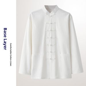 Mens Traditional Chinese Tai Chi Performance Costume Cotton Linen Button Style Tang Suit Zen Tea Casual Split Design Iron Free