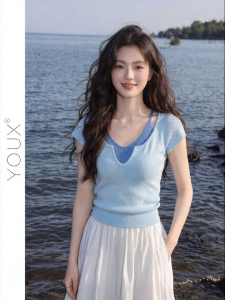 YOUXIANG | Áo Thun Thiết Kế Giả Hai Mảnh Ôm Sát Màu Xanh Đối Chọi