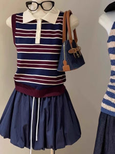 chaqi | French Stripe Polo Neck Sleeveless Vest Women Summer Outdoor Wear Retro Fit Slimming Shoulder Top Casual Scène Girl