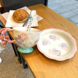 Large Capacity Ceramic Breakfast Cup with Relief Oats Design Tulip Gift Cup 3D Sculpture Underglaze Color Dinnerware for Women