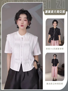 Áo Sơ Mi Trắng Tay Ngắn Ôm Vừa Vặn Mùa Hè Mới Về Kiểu Pháp Xếp Ly Khóa Kéo Nửa Tay Áo Dài Thường Xuyên Cổ Tròn Màu Trơn