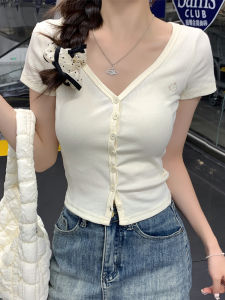 Pure Desire Sweet Short Knitted Embroidered Open Cardigan Womens Summer New Style High Waist Slim Fit Short Sleeve Top