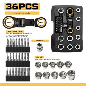 Bộ Dụng Cụ Sửa Chữa Geinxurn 36 Món Cờ Lê Ratchet Ngắn 8-18mm Đầu Nối Mũi Khoan & Mũi Vặn Vít 25mm Dùng Cho Công Việc Kim Loại