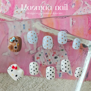 Nhựa Móng Tay Hellokitty Dễ Thương Thủ Công Ngắn Phong Cách Hàn Quốc Màu Trắng Sáng Móng Giả Đeo Trang Trí Móng Tay