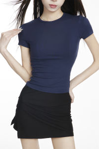 Basic Pure Color Womens Short Sleeve T-shirt Set Slim Fit Casual Crewneck Top and Black Half Length Skirt