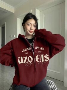 SUOSHE | Oversized Retro Red Hooded Sweatshirt with Thick Fleece