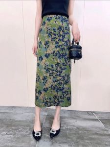 High Waist Floral Print Asymmetrical Slimming Midi Skirt Chinese Style Polyester Fiber A-Line Skirt Summer New Arrival