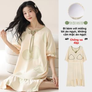 Váy ngủ nữ MiiOW làm bằng vải cotton dài vừa tay ngắn thoải mái