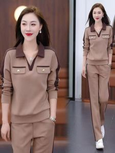 Casual Sportswear Set for Women Collared Slimming Anti-Aging Fashionable Two-Piece Suit Cotton Long Sleeve Long Pants