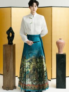 Zhaohua Fu Original New Chinese Style Hanfu Mens Shirt Vintage Woven Gold Horse Tail Skirt for Women Summer Casual Youth