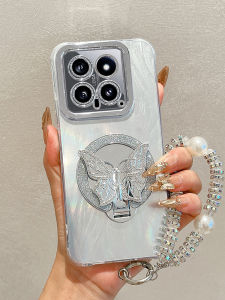 Butterfly Makeup Mirror Stand Full Cover Lens Film Anti-Fall Protective Case for Xiaomi 14 Phone Shell Womens Style Simple Design